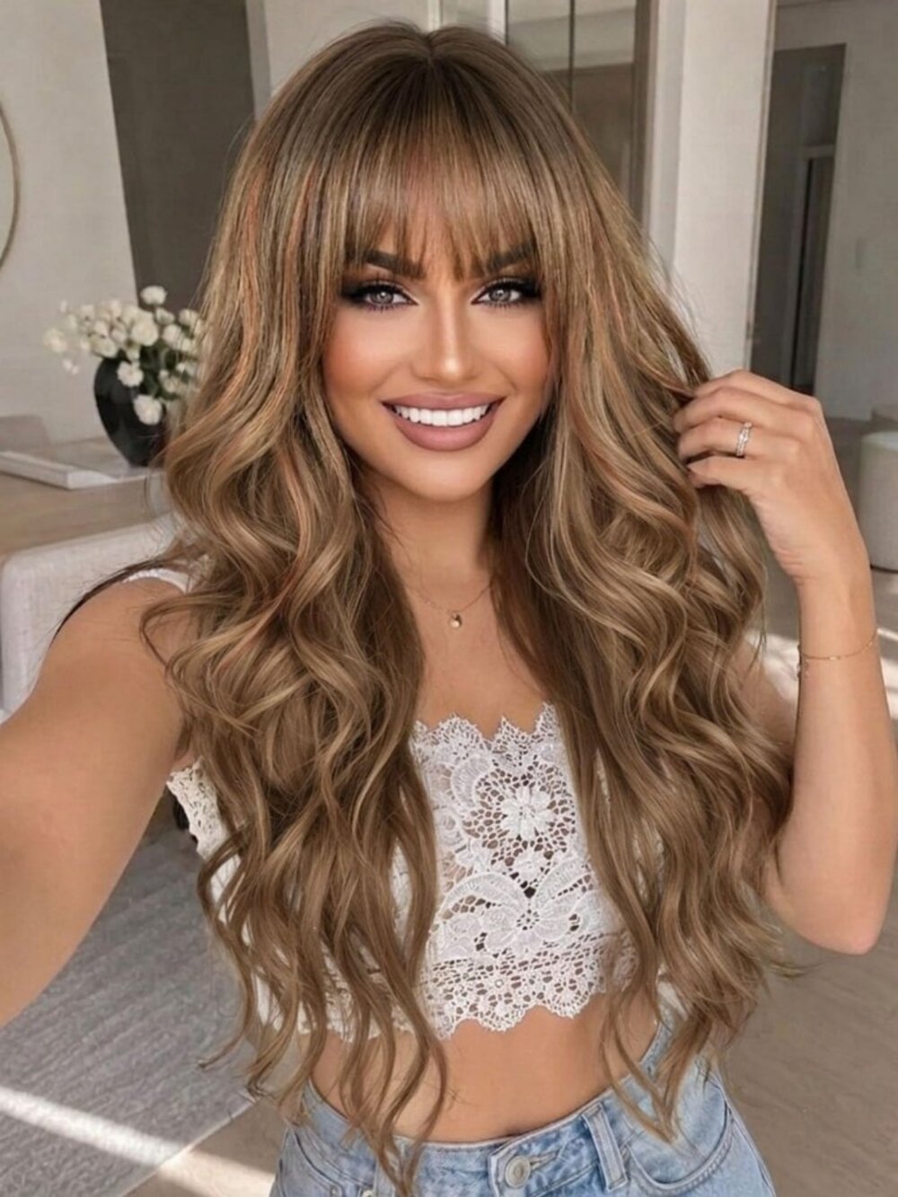 Chestnut Brown Long Wavy Wig with Bangs for Women - 26 Inch Stylish Hairpiece